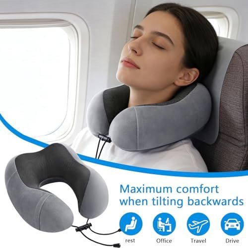 Memory Foam Travel Neck Pillow for Airplane - Ergonomic Support with Adjustable Buckle, Eye Mask & Ear Plugs Included, Machine Washable Cover for Long Flights, Car Rides & Office Use - Image 3