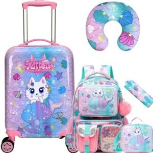 Cute Cat Kid's Luggage Set - 5 Piece Hardside Suitcase Set with Spinner Wheels - Airline Approved