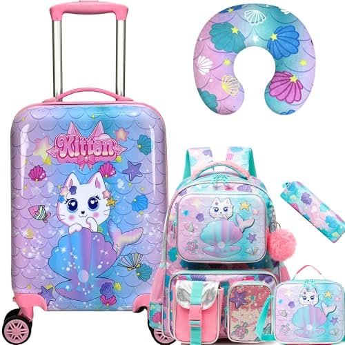 Cute Cat Kid's Luggage Set - 5 Piece Hardside Suitcase Set with Spinner Wheels - Airline Approved