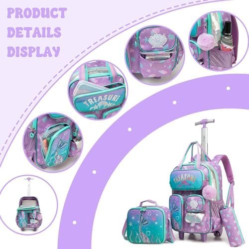 Mermaid Rolling Backpack with Wheels for Girls School Rolling Backpack Kids Travel Luggage for Girls Ages 5-12 - Image 4