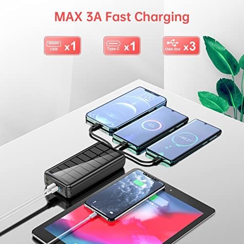 Portable Charger with Built in Cable and Wall Plug 50000mAh PD30W Fast Charging Solar Power Bank with 5 Output & 2 Input Dual LED Flashlights Phone Holder External Battery Pack (Black) - Image 4