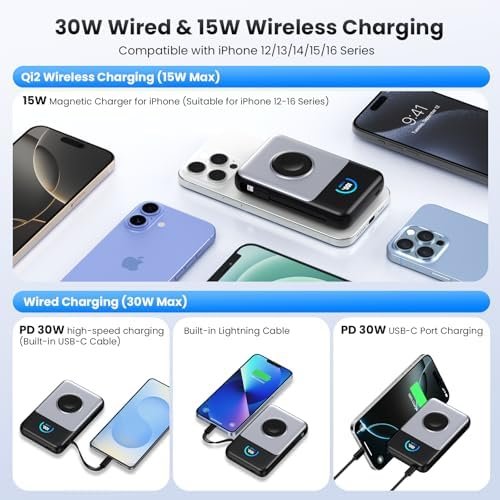Magnetic Portable Charger 10800mAh with Built-in Cables,Qi2 Certified 15W Wireless Power Bank for Magsafe,30W PD Fast charging USB-C Travel Essential Battery Pack for iPhone 17/16/15/14/13,Apple Watch - Image 5