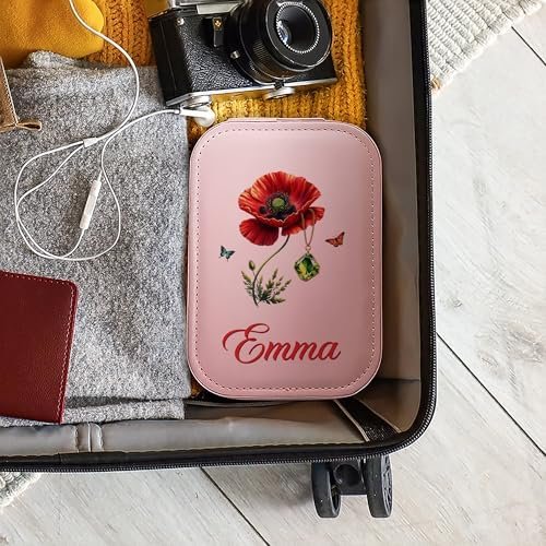 CALLIE Personalized Travel Jewelry Box for Women, Retro Gemstone Birth Flower PU Leather Jewelry Organizer Case with Name and LED Mirror, Valentine’s Day Birthday Gifts for Mom Sister Daughter Wife - Image 2