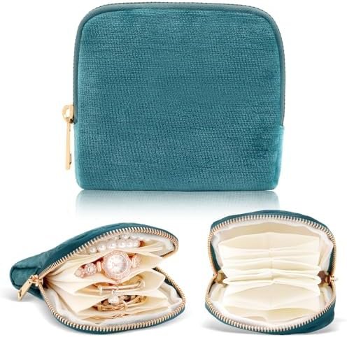 Zkptops Small Travel Jewelry Case Traveling Jewelry Organizer for Women Portable Jewelry Pouch Bags with Zipper Velvet Jewelry Storage Bag Organizer Earring Ring Holder Christmas Gift (Peacock Blue)