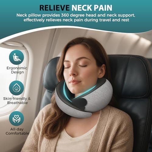 Travel Neck Pillows for Airplanes - 360° Ergonomic Memory Foam Travel Pillow - Relief Neck Pain with Breathable Support for Long Flights, Car, Train & Office Use - Adults & Kids (Gray) - Image 2