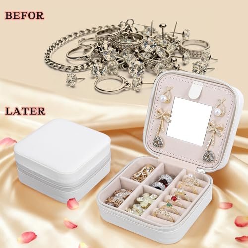 Travel Jewelry Case and Organizer with Mirror,Portable Mini Storage Box for Rings, Earrings, Necklaces, Gift for Mother Mom, Girl, Daughter, Sisters, Bridesmaids, Mother's Day Gift(White) - Image 2