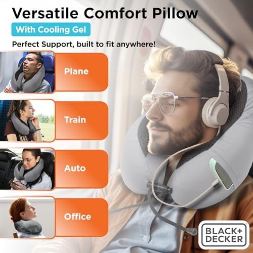 BLACK+DECKER Cooling Gel Memory Foam Neck Pillow – Travel Pillow for Plane, Car & Train – Ergonomic Neck Support, Slow Rebound Memory Foam, Washable Cover, Universal Fit, Grey - Image 6