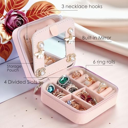 HABGP Small Jewelry Box with Mirror, Travel Jewelry Case for Women, Portable Jewelry Organizer PU Leather Jewelry Storage for Her Girls Daughter Mom, jewelry box for Earring, Necklace,Rings, Bracelets - Image 3