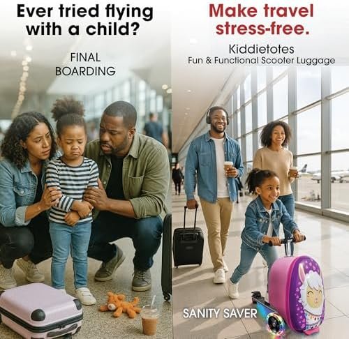 KIDDIETOTES Ride-On Scooter Suitcase for Kids – Hardside Lightweight Carry-On Luggage with Foldable Scooter, LED Wheels, Travel Fun for Toddlers & Children - Image 3