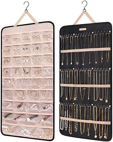 BAGSMART Hanging Jewelry Organizer Storage Roll with Hanger Metal Hooks Double-Sided Jewelry Holder for Earrings, Necklaces, Rings on Closet, Wall, Door, 1 piece, Extra Large, Black