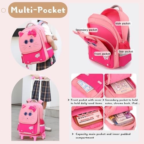 2Pcs Girls Rolling Backpack, Cute Cat Face Kids School Bag Bookbag Roller Backpack for Girls with 6 Wheels, 2Pcs-Rose - Image 4