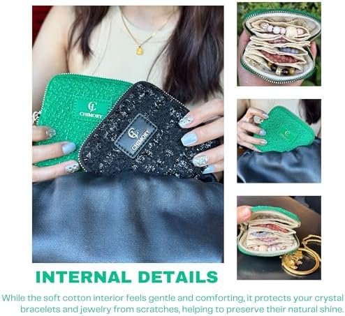 2025 New Travel Jewelry Case – Jewelry Organizer Travel for Rings, Bracelets, & Bangles with Smooth Metal Zipper, Elegant Jewelry Roll for Journey, Crystal Jewelry Storage Pouch, Mini, Tweed Green - Image 8