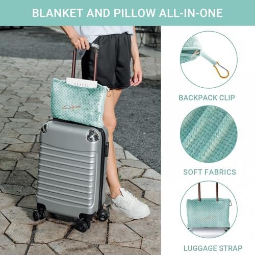 Travel Blanket Pillow-Premium Soft 2 in 1 Airplane Blanket for Long Trips Essentials with Bag Pillowcase, Hand Luggage Sleeve and Backpack Clip (Mint Green) - Image 3