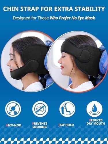 Travel Pillow Combo with Chin Strap, Airplane Pillows with 3D Eye Mask for Sleeping, 360° Support Plane Head Strap for All Plane Seats, Long Flights Essentials, Stop Bobblehead, Black - Image 2
