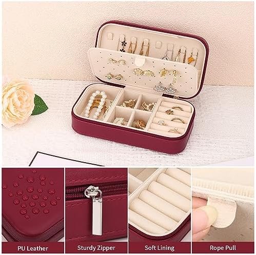 DesignSter Travel Jewelry Box, PU Leather Portable Jewelry Case, Small Jewelry Boxes for Gifts, Travel Jewelry Organizer for Women Rings Earrings Necklaces Bracelets (Wine Red) - Image 4