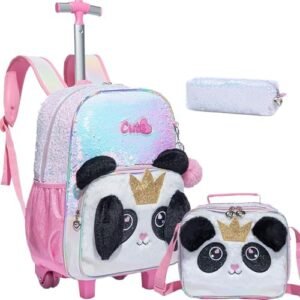 Meetbelify Rolling Backpack for Girls Backpacks with Wheels for Elementary School Students Kids 3 in 1 Travel Luggage Suitcase with Lunch Box Pencil Case for Girls Age 8-10 Cute Panda