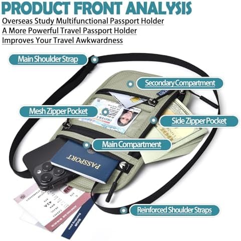 RFID Blocking Travel Neck Wallet–Hidden Passport Holder & Anti-Theft Money Pouch for Men & Women, Lightweight Concealed Travel Organizer with Adjustable Strap Secure Document (Grey Green) - Image 2
