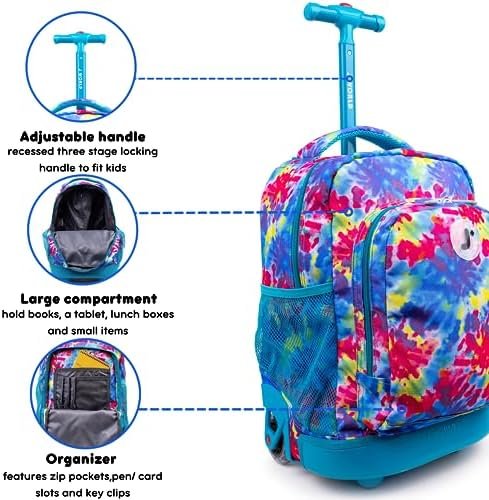 J World Sunny Rolling Backpack for Kids. Roller Bag With Wheels, Tie Dye - Image 3