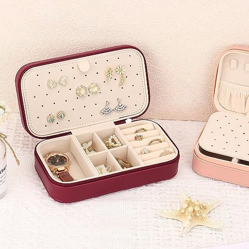 DesignSter Travel Jewelry Box, PU Leather Portable Jewelry Case, Small Jewelry Boxes for Gifts, Travel Jewelry Organizer for Women Rings Earrings Necklaces Bracelets (Wine Red) - Image 5