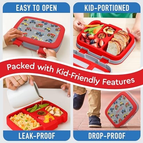Bentgo Kids Prints Leak-Proof, 5-Compartment Bento-Style Kids Lunch Box - Ideal Portion Sizes for Ages 3-7, Durable, Drop-Proof, Dishwasher Safe, & PFAS & BPA-Free Materials (Trucks) - Image 4