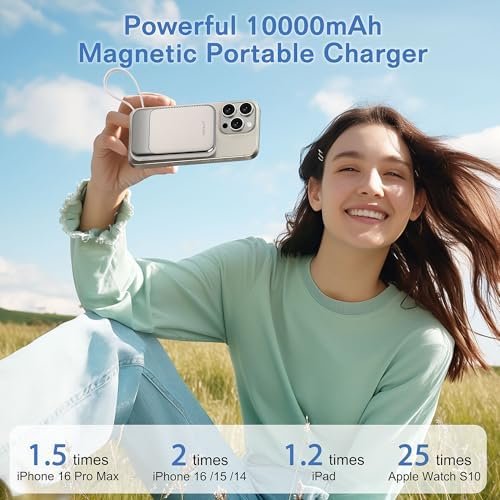Magnetic Power Bank 10000mAh, Wireless Portable Charger with 15W Max Fast Charging & Built-in USB-C Cable, 22.5W PD LED Display Battery Pack Compatible with iPhone 16/15, Samsung Galaxy(White) - Image 3