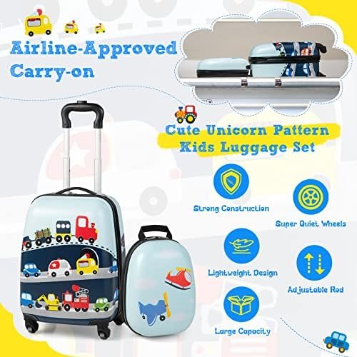 HONEY JOY Kids Luggage, 12" Toddler Backpack & 16" Travel Suitcase with Wheels, Lightweight Toddler Girls Suitcase, Durable ABS Hardshell, 2Pcs Carry On Luggage Set for Boys Girls(Car) - Image 4