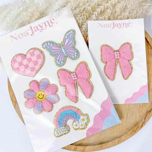 Noa Jayne Co. Chenille & Embroidered Iron-On Patches with Pearls – Rainbow, Butterfly, Bow, Checkered Heart & Smile Flower – Cute Aesthetic Appliqué for Jackets, Backpacks, Jeans & DIY Crafts - Image 4