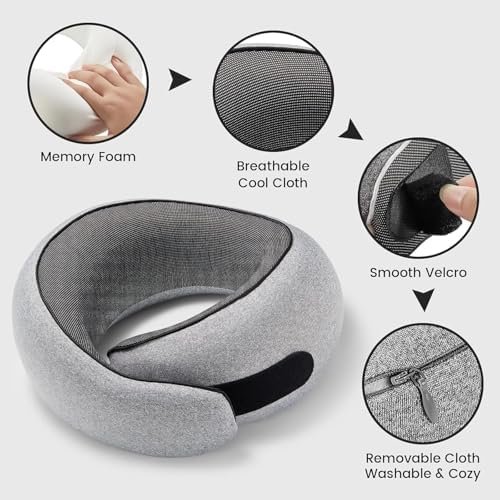 Travel Neck Pillows, 100% Memory Foam Filling, Travel Pillows for Airplanes, Compact and Ergonomic Design, Best for Sleeping Plane Train Travel Essentials (Light Grey) - Image 4