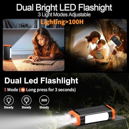 DJKK Solar Power Bank Portable Charger:66800mAh Built in Hand Crank and 3 Cables 22.5W Fast Charging Phone External Battery Pack(5 Outputs & 5 Inputs) with Camping Flashlights/Table Lamp/Compass - Image 4