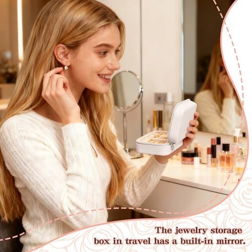 Travel Jewelry Case and Organizer with Mirror,Portable Mini Storage Box for Rings, Earrings, Necklaces, Gift for Mother Mom, Girl, Daughter, Sisters, Bridesmaids, Mother's Day Gift(White) - Image 5