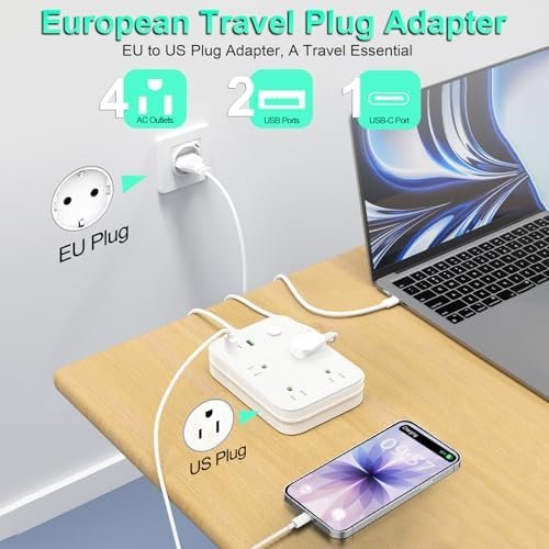 European Travel Plug Adapter, European Power Strip with 4 AC Outlets 1 USB C and 2 USB Ports, Europe to US Plug Adapter Type C for EU Germany France Spain Italy Travel (3ft) - Image 2