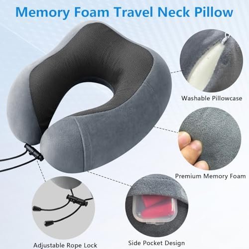 Memory Foam Travel Neck Pillow for Airplane - Ergonomic Support with Adjustable Buckle, Eye Mask & Ear Plugs Included, Machine Washable Cover for Long Flights, Car Rides & Office Use - Image 6