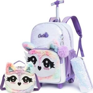 Meetbelify Rolling Backpack for Girls Backpacks with Wheels for Elementary School Students Kids 3 in 1 Travel Luggage Suitcase with Lunch Box Pencil Case for Girls Age 8-10 Cute Panda