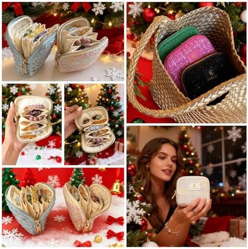 2025 New Travel Jewelry Case – Jewelry Organizer Travel for Rings, Bracelets, & Bangles with Smooth Metal Zipper, Elegant Jewelry Roll for Journey, Crystal Jewelry Storage Pouch, Mini, Tweed Green - Image 6