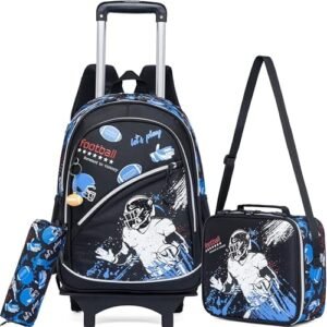 Meetbelify Kids Football Backpacks with Wheels for Boys Football Rolling Backpack with Lunch Box for Elementary Students Black Trip Luggage for Boys Ages 6-8