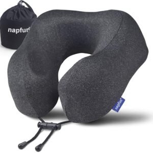 napfun Neck Pillow for Traveling, Upgraded Travel Neck Pillow for Airplane 100% Pure Memory Foam Travel Pillow for Flight Headrest Sleep, Portable Plane Accessories, Simple Sets (Optional), Full Black