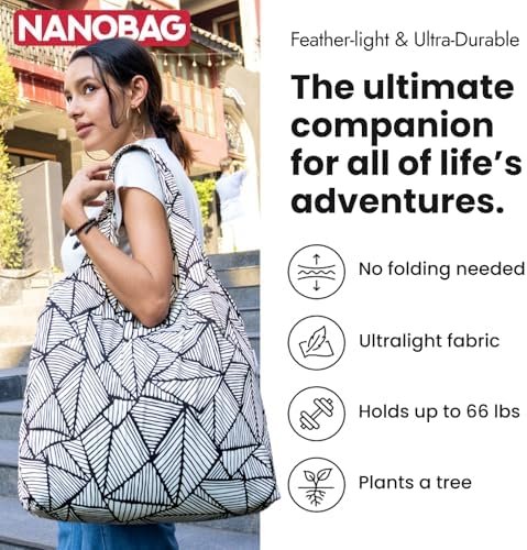 Nanobag Ultra-Lightweight Heavy Duty Foldable Tote for Women & Men, Reusable Grocery & Travel Bag, Packable Collapsible Compact Market Essential (XL Black) - Image 3