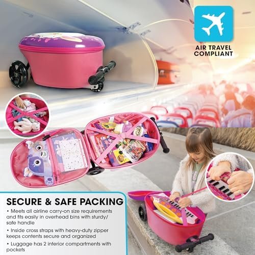 KIDDIETOTES Ride-On Scooter Suitcase for Kids – Hardside Lightweight Carry-On Luggage with Foldable Scooter, LED Wheels, Travel Fun for Toddlers & Children - Image 4