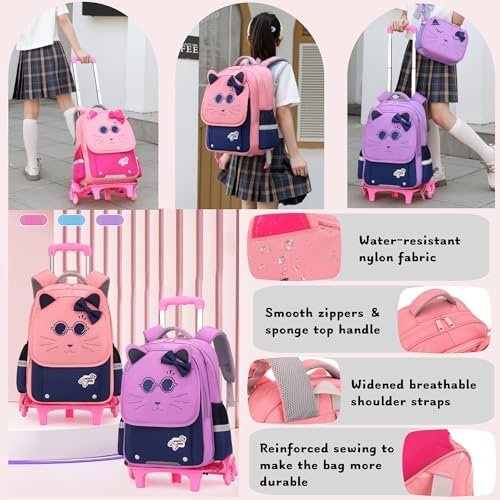 2Pcs Girls Rolling Backpack, Cute Cat Face Kids School Bag Bookbag Roller Backpack for Girls with 6 Wheels, 2Pcs-Rose - Image 7