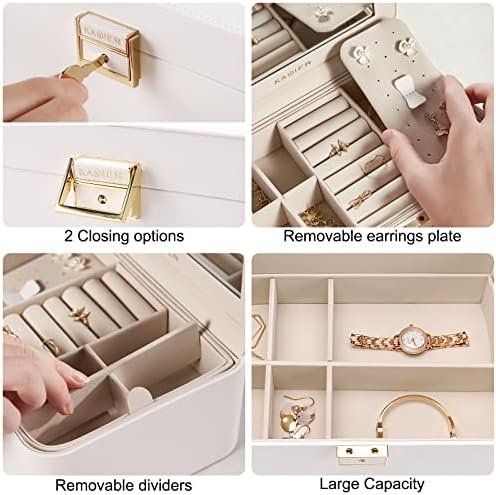 KAMIER Travel Jewelry Box, 2 Layers PU Leather Portable Jewelry Organizer, Large Capacity, Double Lock and Large Mirror, Hidden Necklace Hooks, Removable Dividers, Gift Box Packaging, White - Image 5