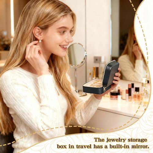 Travel Jewelry Case and Organizer with Mirror,Portable Mini Storage Box for Rings, Earrings, Necklaces, Gift for Mother Mom, Girl, Daughter, Sisters, Bridesmaids, Mother's Day Gift（Black） - Image 5