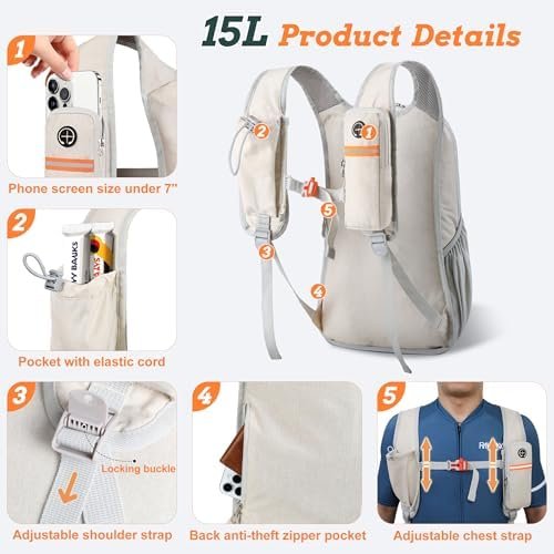 15L Small Hiking Backpack for Men Women Foldable Packable Back Pack Ultralight Hiking Daypack for Travel Camping Outdoor, Beige - Image 2