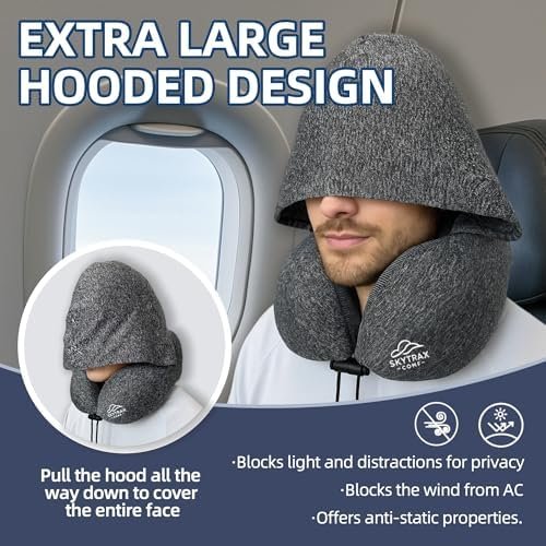 Travel Pillow with Extra Large Hood for Airplane Long Flights Privacy and Comfort Memory Foam with Skin-Friendly Cover for Road Trip Head&Neck Support for Plane Office Cars Sleeping & Rest (Grey) - Image 2
