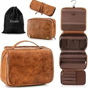 Elviros Hanging Toiletry Bag for Men Travel Essentials 3-in-1 Large Waterproof Dopp Kit PU Leather Shaving Bag with Separate Compartments for Grooming and Toiletries Mens Gift