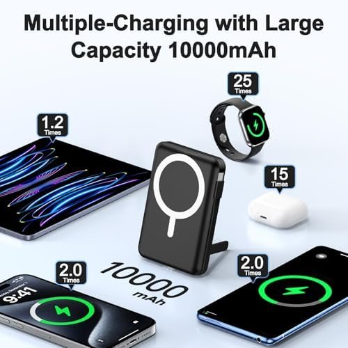 Magnetic Portable Charger, 10000mAh Wireless Power Bank for iPhone with Built-in Cables, 20W Fast Charging for Magsafe Battery Pack with Stand for iPhone Air/17/16/15/14/13/12 and Apple Watch - Image 2