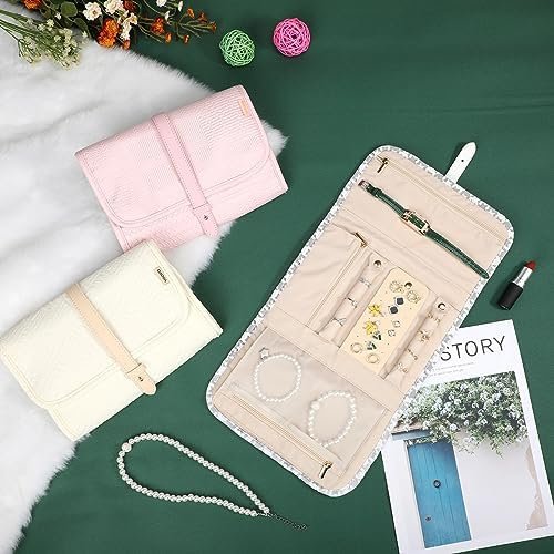 Voova Travel Jewelry Holder Organizer Case, Large Jewelry Storage Bag for Women Girls, Foldable Traveling Jewellery Pouch Roll for Necklaces Rings Earrings Bracelets, Apricot - Image 6