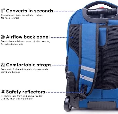 J World Sundance Laptop Rolling Backpack for Girls Boys. Roller Bookbag with Wheels, Navy - Image 6