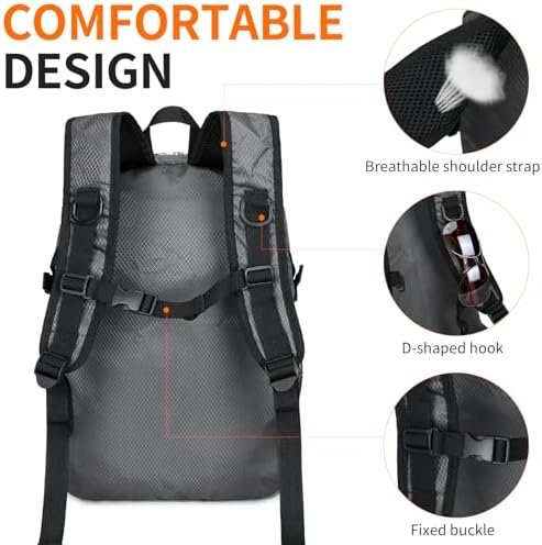 Small Hiking Backpack 15L Travel Lightweight Hiking Packable Daypack Water-Resistant Foldable Backpacks for Women Men Camping (Grey) - Image 7