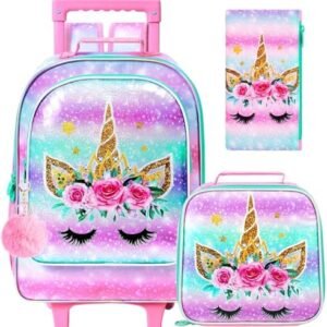 WZLVO 4PCS Girls Unicorn Rolling Backpack - Cute Wheeled School Set with Lunch Box,Water Resistant Roller School Backpack on Wheels for Elementary Kids Travel