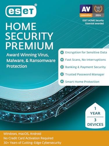 ESET Home Security Premium | Antivirus | 2025 Edition | 3 Devices | 1 Year| Password Manager | Privacy Protection | Ransomware | Anti-Theft | Digital Download [PC/Mac/Android]